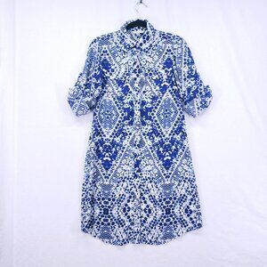 Cabi Blue & White Abstract Print Button Down Short Jewel Shirt Dress Size S